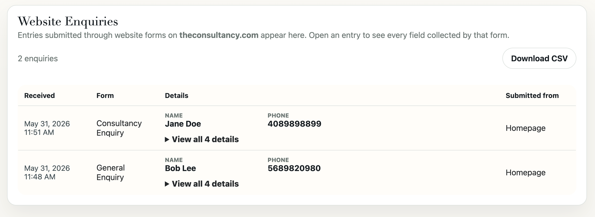 Form submissions viewable from the management dashboard